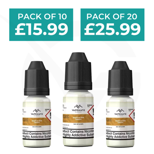 American Gold Tobacco 10ml 50/50 E-Liquid By Vapemate - Pack of 10 & 20