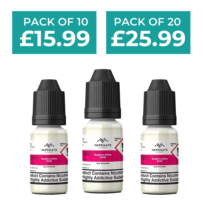 Raspberry Cotton Candy 10ml 50/50 E-Liquid By Vapemate - Pack of 10 & 20