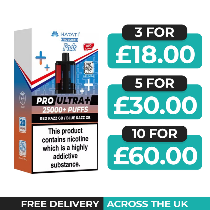 Hayati Pro Ultra Plus 25000 Red Razz GB & Blue Razz GB Refill Pods